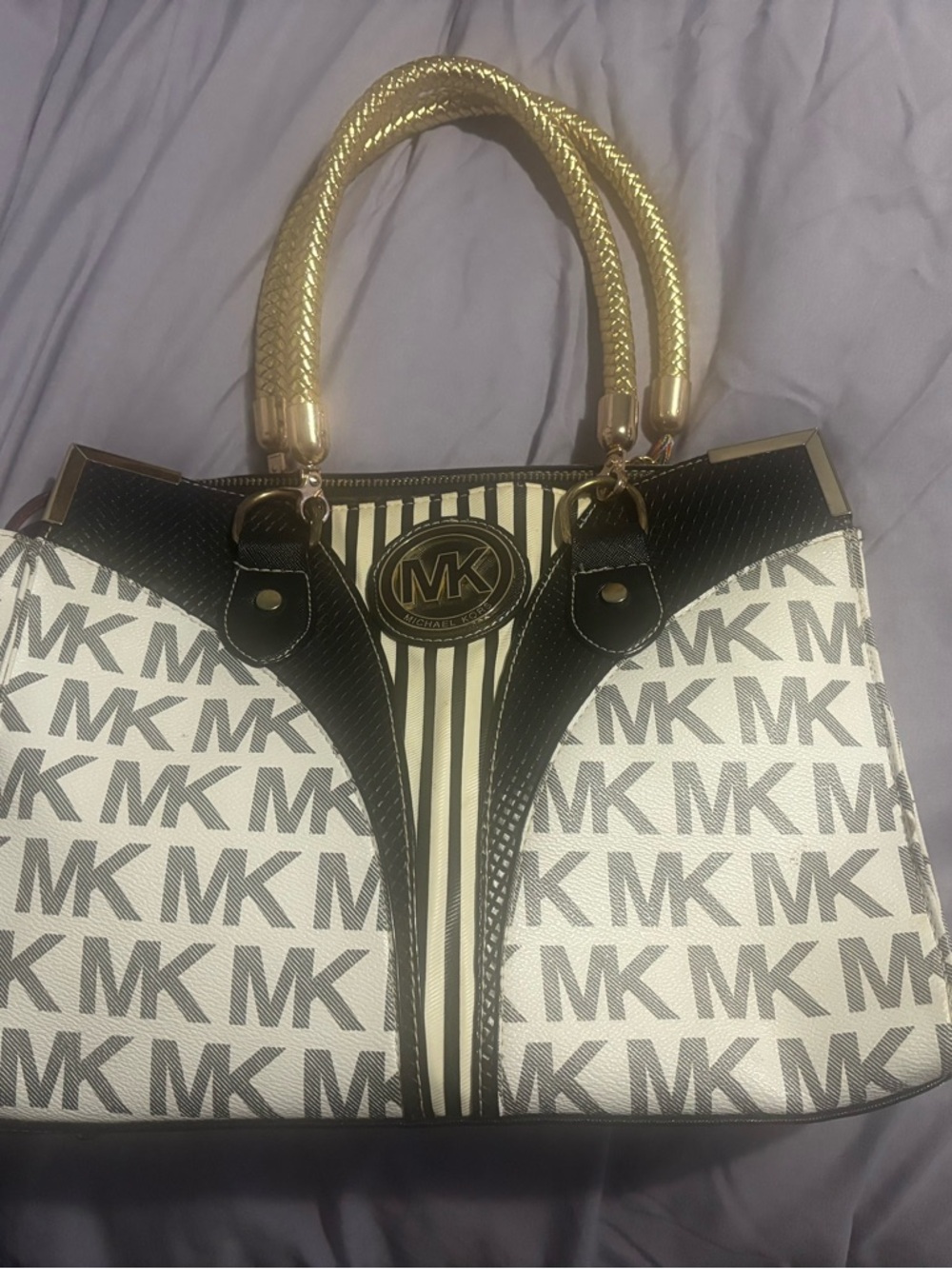 Michael Kors White and Black MK Logo Tote with Gold Rope Handles